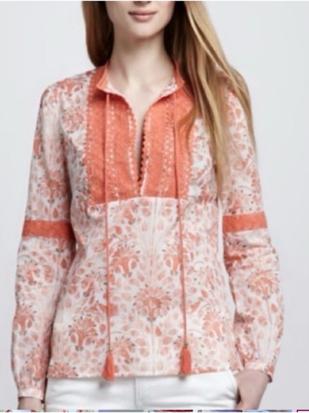 Tory Burch Floral Lace Trim Cotton Peasant Tunic Blouse Beach Cover size 10